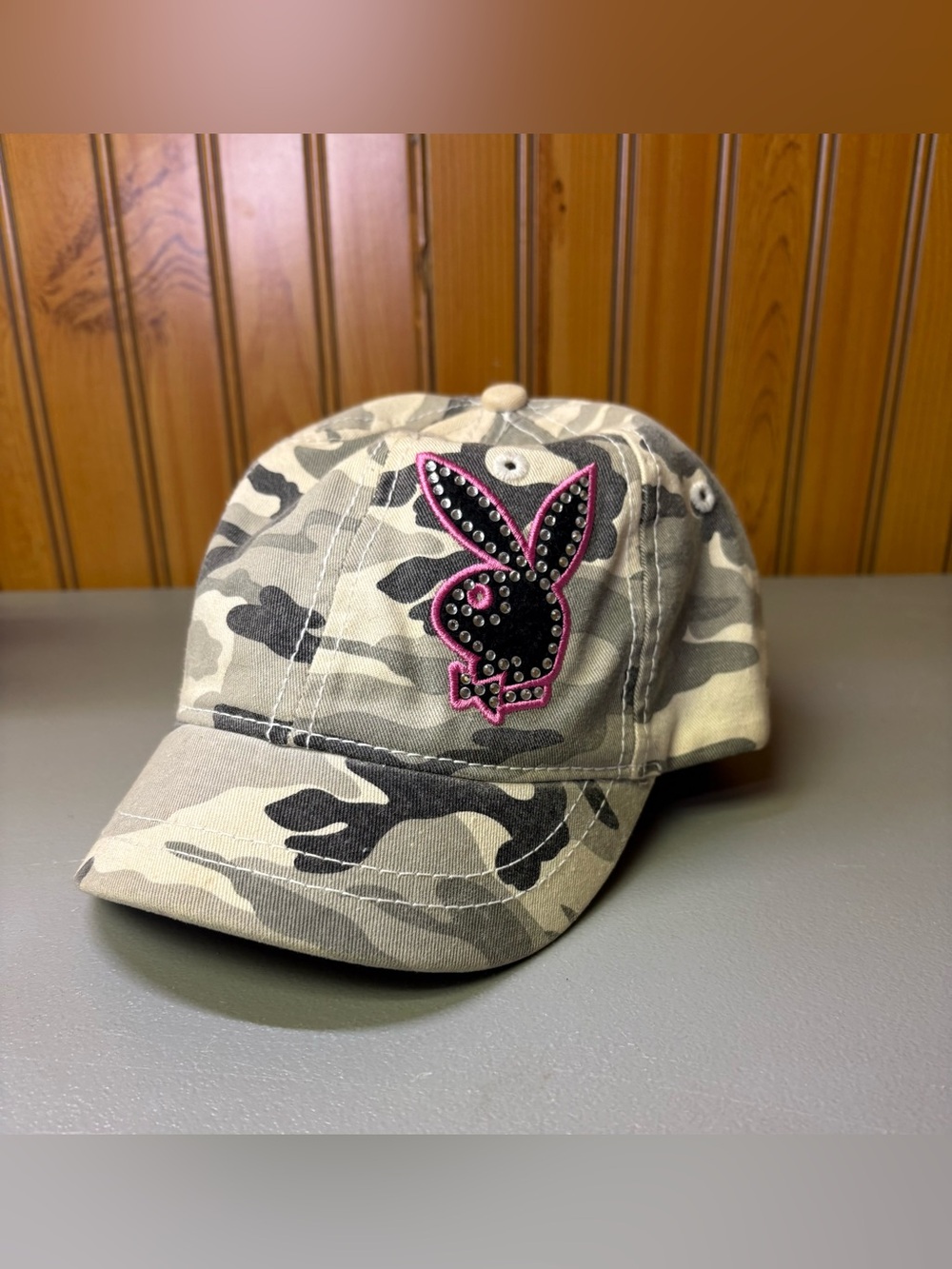 PLAYBOY Camouflage Baseball Cap with Pink-Trim Studded Bunny
